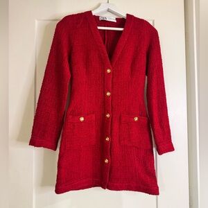 Zara Textured Red Blazer with Gold Accents